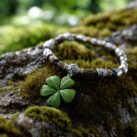 A green clover charm is hanging from a bracelet on a mossy rock. The charm is surrounded by a silver and brown band, giving it a rustic and natural lookの素材