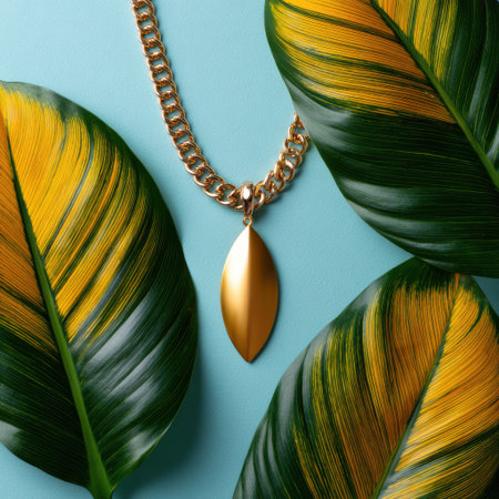 A gold chain necklace with a leaf pendant is displayed on a leafy green background. The necklace is the main focus of the image, and the leafy green background adds a naturalの素材