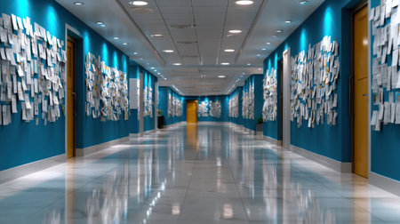 A long hallway with blue walls and white floors. The walls are covered with notes and pictures. Scene is busy and creativeの素材