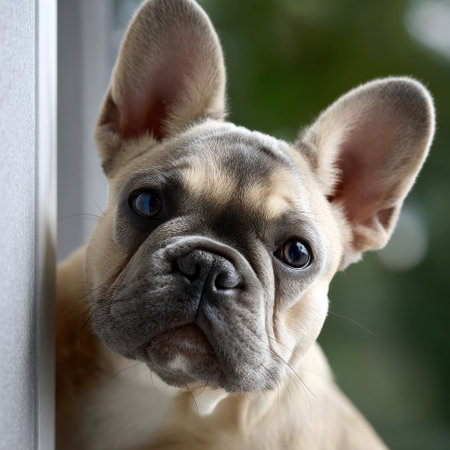 A cute dog with brown and white fur is looking at the camera. The dog has a sad expression on its faceの素材