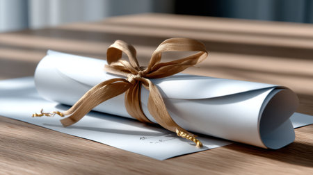 A white roll of paper with a gold ribbon tied around it. The ribbon is tied in a bow and the paper is rolled upの素材