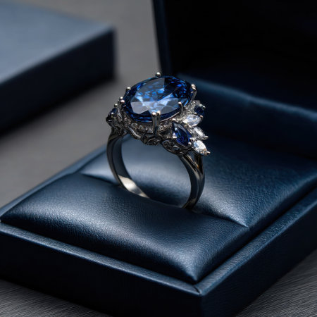 A blue and white ring with a blue stone in the center. The ring is in a boxの素材