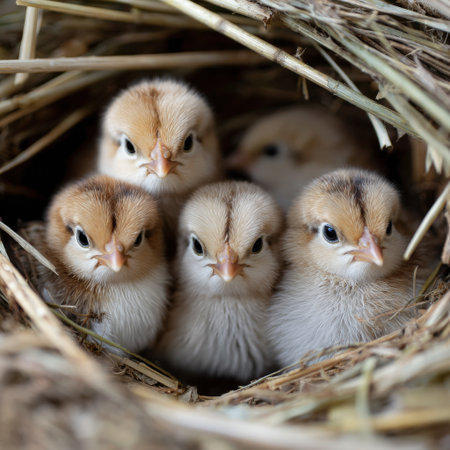 A group of baby chicks are huddled together in a nest. The chicks are all facing the same direction, and their eyes are wide open, giving the impression that they are alert and attentiveの素材