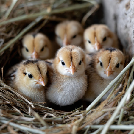 A group of baby chicks are huddled together in a nest. They are all facing the camera and appear to be looking at the viewer. Concept of warmth and cozinessの素材
