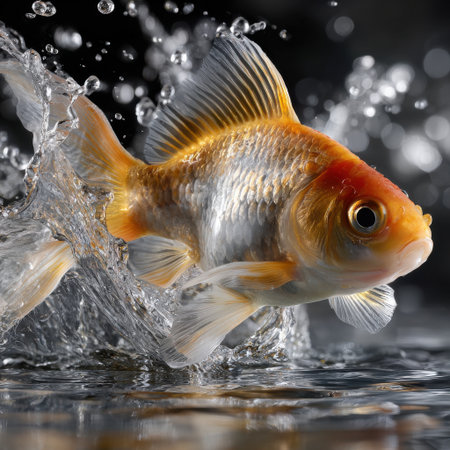 A fish is swimming in a body of water, with its head above the water. The water is splashing and the fish is creating ripples in the water. Concept of movement and energyの素材