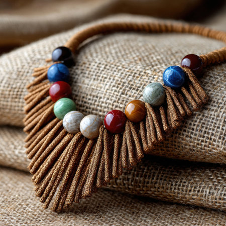 A necklace made of beads and string is displayed on a brown cloth. The beads are of different colors and sizes, and the necklace is long and thin. The necklace appears to be a piece of jewelryの素材