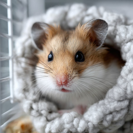 A hamster is in a cage with a white blanket. The hamster is looking at the cameraの素材