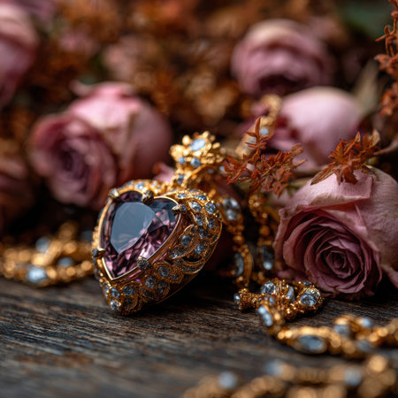 A heart shaped pendant with a purple stone is set on a wooden table next to a bouquet of pink rosesの素材