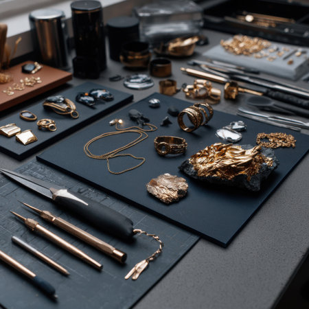A table with various pieces of jewelry and tools, including a pair of scissors and a knife. The table is covered with a blue cloth and has a rock on it. Scene is that of a jeweler's workspaceの素材