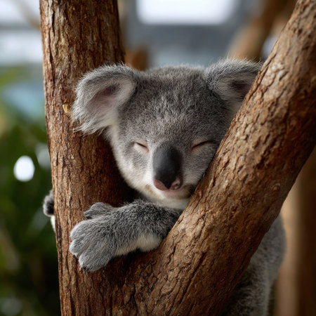A baby koala is sleeping on a tree branch. Concept of innocence and tranquility, as the young animal rests peacefully in its natural habitatの素材