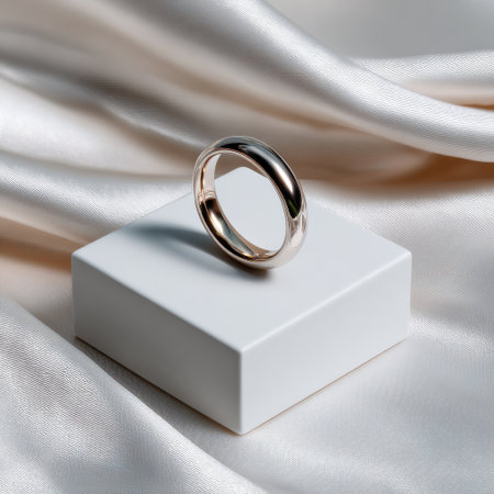 A gold ring sits on a white pedestal. The ring is the center of attention and is surrounded by a white background. The ring is shiny and elegant, and it is a symbol of love or commitmentの素材