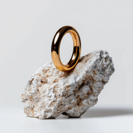 A gold ring is sitting on a rock. The ring is the main focus of the image, and the rock serves as a background. Concept of elegance and sophisticationの素材