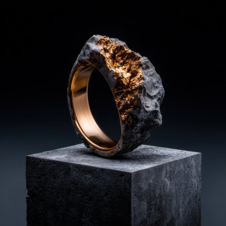 A gold and silver ring with a rock in the middle. The ring is on a black pedestalの素材