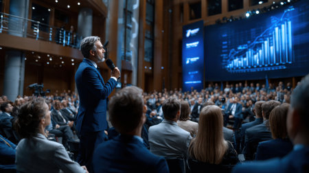 A man stands in front of a large crowd, speaking into a microphone. The audience is attentive and engaged, listening to the speaker. Concept of importance and authorityの素材