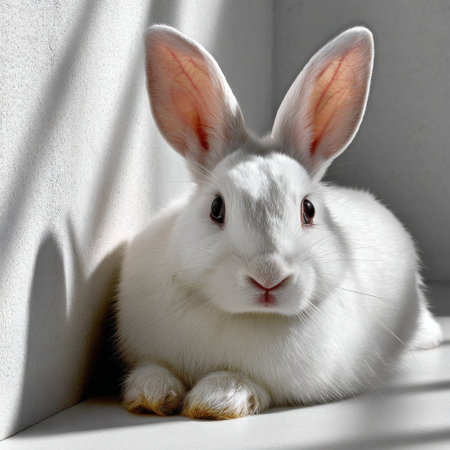 A white rabbit is laying down on a white surface. The rabbit has its ears up and is looking at the camera. The image has a calm and peaceful mood, as the rabbit is relaxed and contentの素材