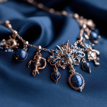 A necklace with a blue stone pendant and a dragon charm. The necklace is made of gold and blue beadsの素材