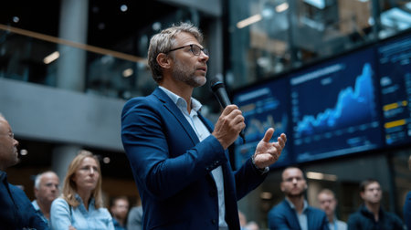 A man stands in front of a crowd, holding a microphone and speaking into it. The audience is watching him intently, and there are several people in the background. Concept of importance and attentionの素材