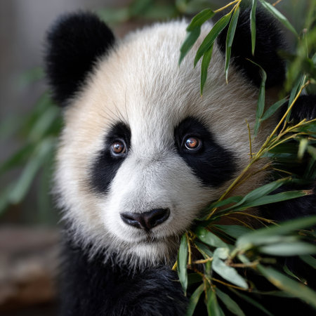 A baby panda is eating bamboo. The panda is black and white. The bamboo is greenの素材