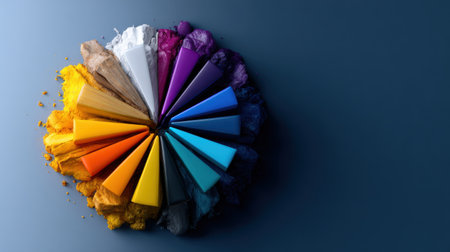 A colorful circle of makeup with a blue background. The makeup is in different colors and arranged in a spiralの素材
