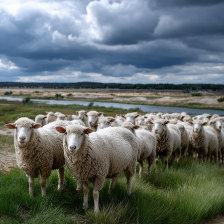 A herd of sheep are standing in a field with a cloudy sky in the background. The sheep are all white and are standing close togetherの素材
