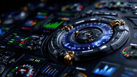 A computer monitor with a blue circle in the middle. The circle is surrounded by a lot of numbers and linesの素材