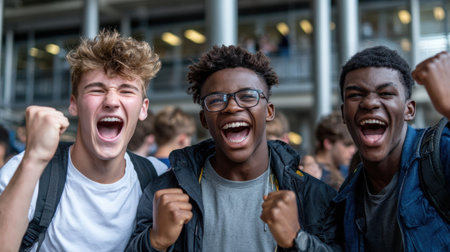 Three young men are smiling and cheering, one of them is wearing glasses. They are all wearing backpacks and seem to be celebrating somethingの素材