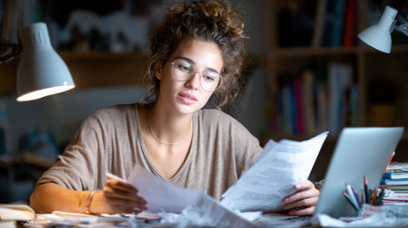A woman is sitting at a desk with a laptop and a stack of papers. She is wearing glasses and she is focused on her work. The scene suggests a busy and productive atmosphereの素材