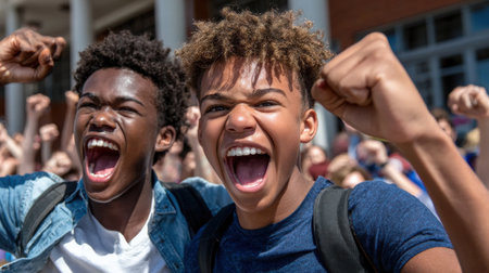 Two young men are standing in a crowd of people, both of them are smiling and raising their hands in the air. Scene is joyful and celebratory, as if they are attending a special event or gatheringの素材