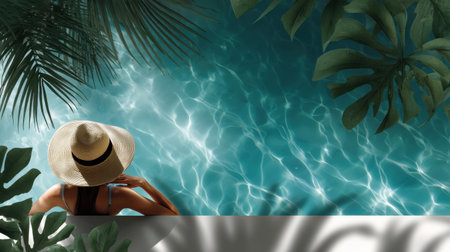 A woman wearing a straw hat is sitting on a poolside. The pool is surrounded by palm trees and the water is calm. The woman is looking out at the water, enjoying the peaceful atmosphereの素材