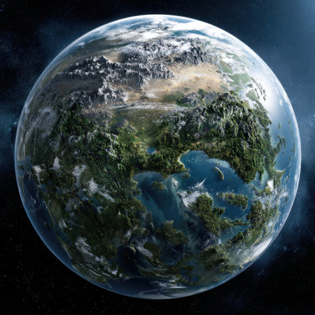 A planet with a green surface and a blue ocean. The planet is surrounded by stars and has a peaceful atmosphereの素材