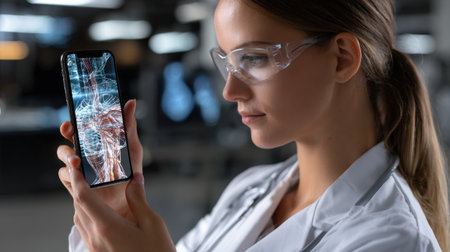A woman in a lab coat is holding a cell phone with a picture of a human body on it. She is wearing safety goggles and she is examining the image on the phoneの素材