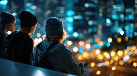 Three people are sitting on a ledge looking out at the city. The city lights are bright and the sky is dark. Scene is peaceful and contemplativeの素材