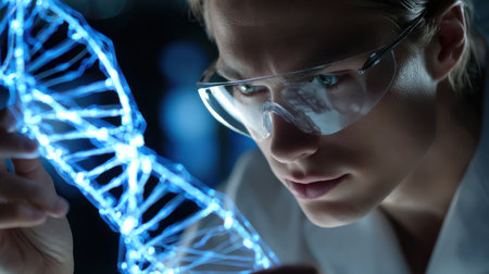 A woman wearing glasses is looking at a blue DNA strand. Concept of scientific curiosity and exploration, as the woman is examining the structure of the DNA moleculeの素材