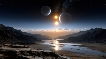 A beautiful landscape with a river and two suns in the sky. The suns are in the middle of the sky and are surrounded by clouds. The mountains in the background are covered in snowの素材
