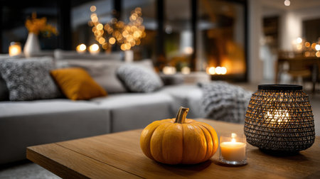 A table with a pumpkin and candles on it. The pumpkin is orange and the candles are lit. Scene is warm and cozy, perfect for the fall seasonの素材