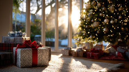 A Christmas tree is lit up with lights and a large red bow is tied to the top of a large boxの素材