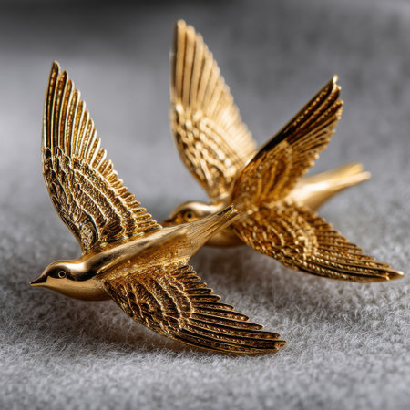 Two gold birds with wings are sitting on a white surface. The birds are intricately designed and appear to be made of gold. Concept of elegance and luxuryの素材