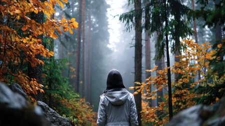 A woman is walking through a forest with trees in the background. The forest is full of trees and the woman is wearing a white jacketの素材