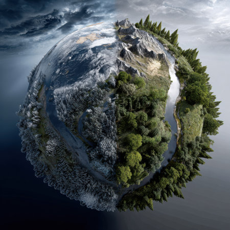 A round image of a planet with a mountain range on one side and a river on the otherの素材