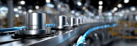 A conveyor belt with a series of metal cylinders on it. The cylinders are of different sizes and are arranged in a row. Concept of industrial production and efficiencyの素材