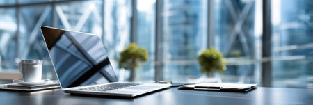 A laptop is open on a desk in front of a window. The laptop is turned on and the screen is lit up. The desk is cluttered with papers and a cup. The window provides natural light and a view of the cityの素材