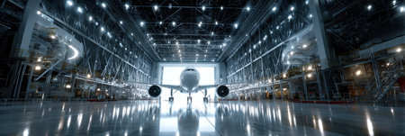 A large airplane is sitting in a hangar with lights shining on it. The hangar is very large and the airplane is the center of attentionの素材
