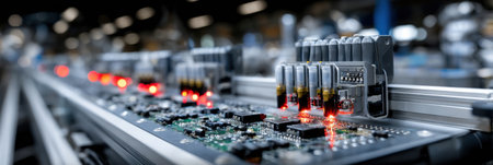 A row of electronic components are lit up with red lights. Concept of precision and technical expertiseの素材