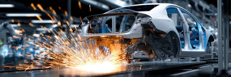 A car is being built in a factory with sparks flying from the welding process. Concept of a busy and active manufacturing environment, with workers focused on creating a new vehicleの素材