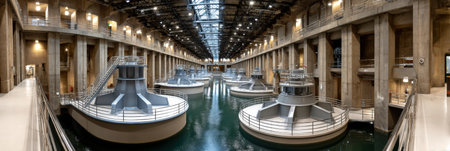 A large building with a lot of water and a lot of lights. The water is in the middle of the building and there are many boats in itの素材