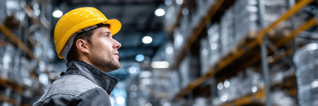A man in a yellow hard hat is looking up at a row of shelves. Concept of focus and determination as the man surveys the areaの素材