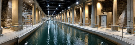 A long, narrow river with a concrete wall on either side. The water is calm and clearの素材