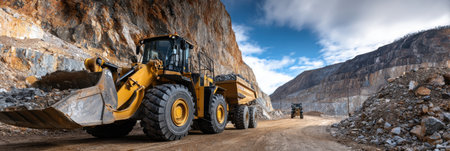 A large yellow and black construction vehicle is driving down a rocky road. The vehicle is a Caterpillar D9, and it is pulling a large dump truck behind it. The scene is rugged and rockyの素材