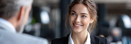 A woman in a business suit is smiling at a man. The man is wearing a suit and tieの素材