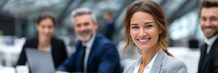 A woman is smiling in front of a group of people, including a man in a suit. The group appears to be a business meeting, and the woman is the center of attentionの素材